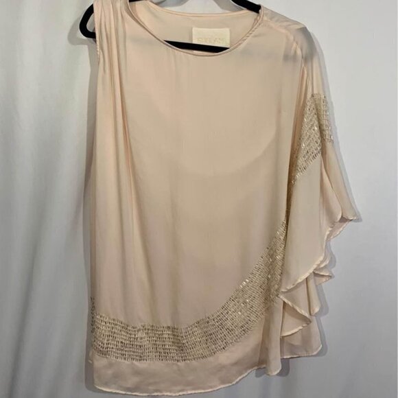 Shulami one shoulder draping blouse. Lined. Pale peach. Hand sewn beads. Medium. - Picture 1 of 9